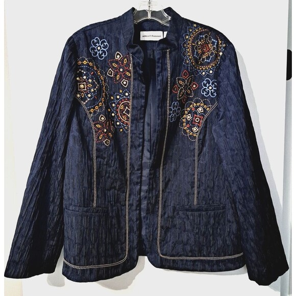 Alfred Dunner Jackets & Blazers - Alfred Dunner Navy Crinkle Open Front Jacket w/ Embroidered Floral Designs Sz 14